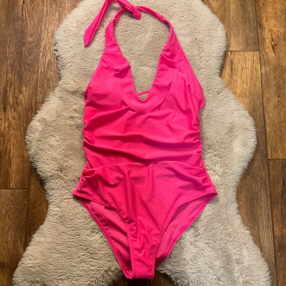 Swimsuit One Piece Women's Large Pink V Front Ruffle Rouched Waist - Picture 1 of 8